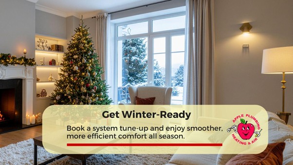 Holiday living room with a Christmas tree and snowy outdoor view promoting Apple Plumbing Heating & Air’s winter HVAC tune-up service