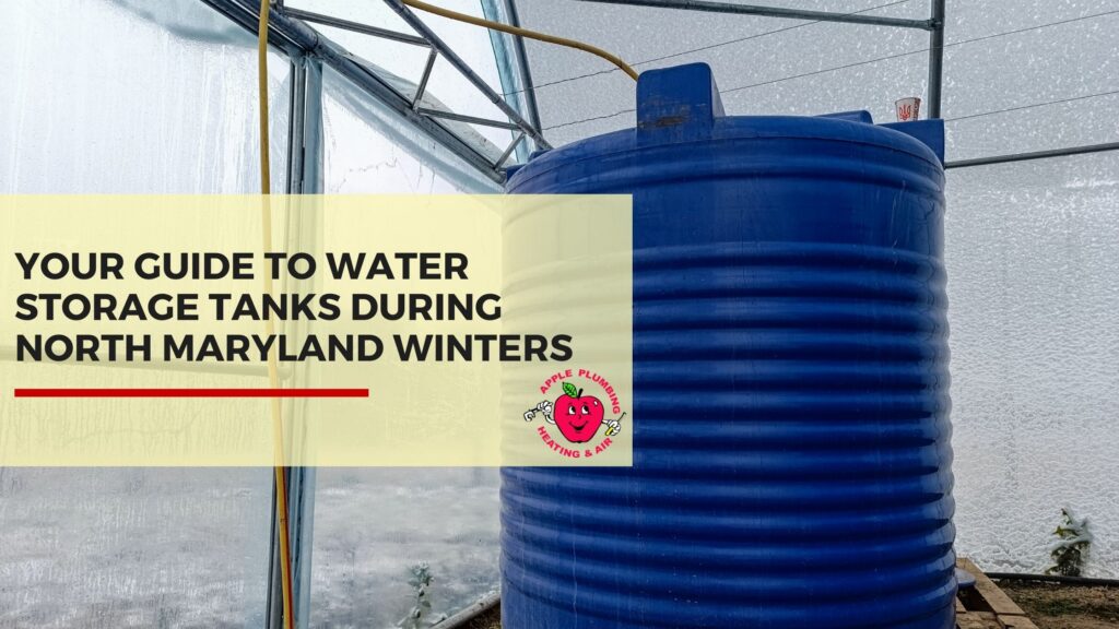 Large blue water storage tank inside a greenhouse structure prepared for winter conditions in North Maryland, illustrating cold-weather water tank protection and maintenance.